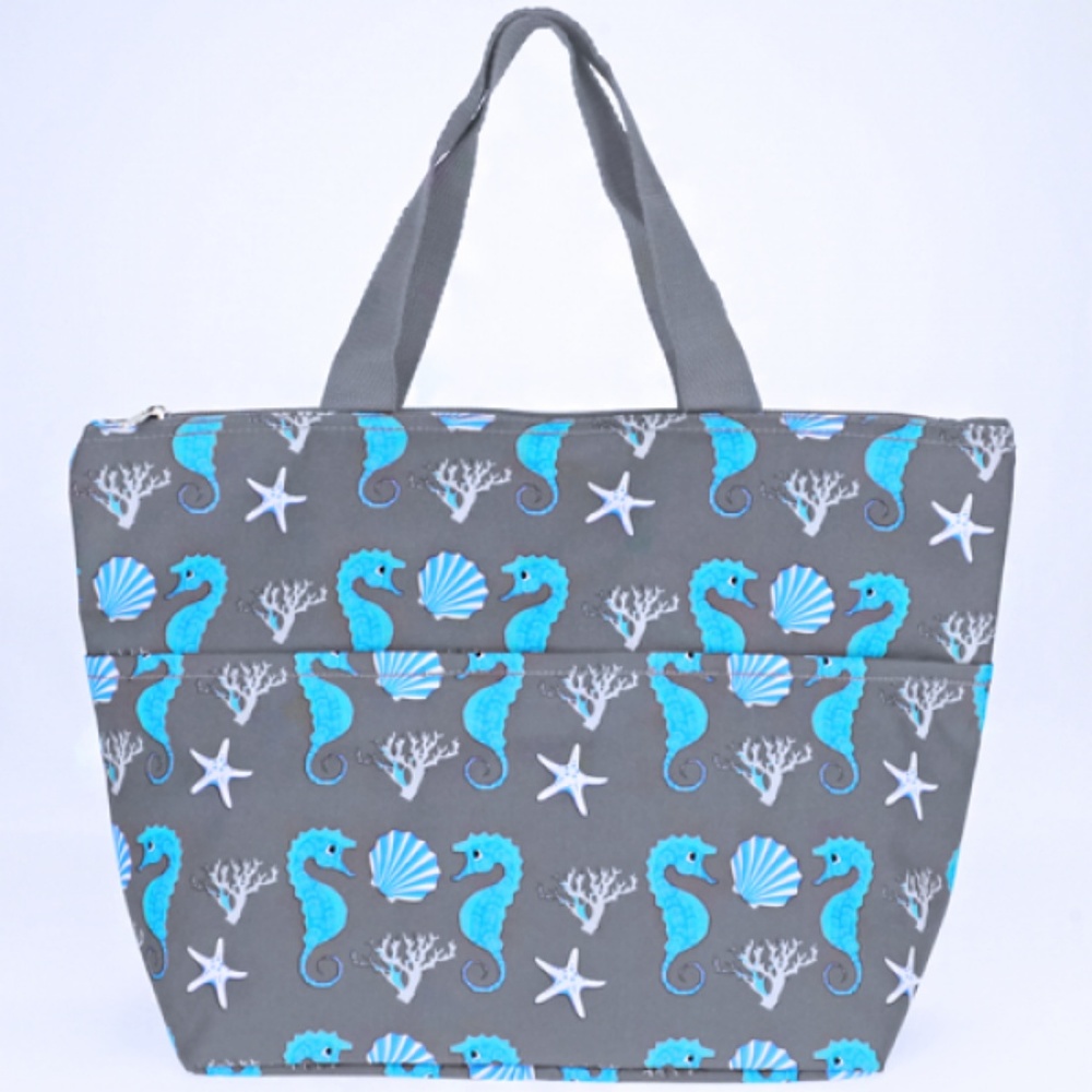 Seahorse Insulated Lunch Bag Tote Blue Gray